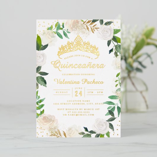 Gouden Bloemenkrans Tiara Quinceanera Folie Uitnodiging (Staand Voorkant)