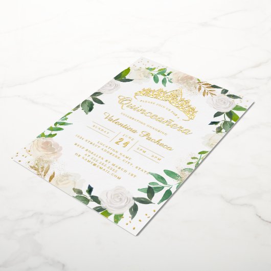 Gouden Bloemenkrans Tiara Quinceanera Folie Uitnodiging (Gedraaid)