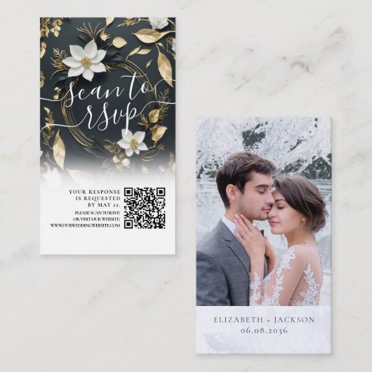Gouden Bloemenkrans Trouw QR-code Website RSVP Informatiekaartje (Voorkant / Achterkant)