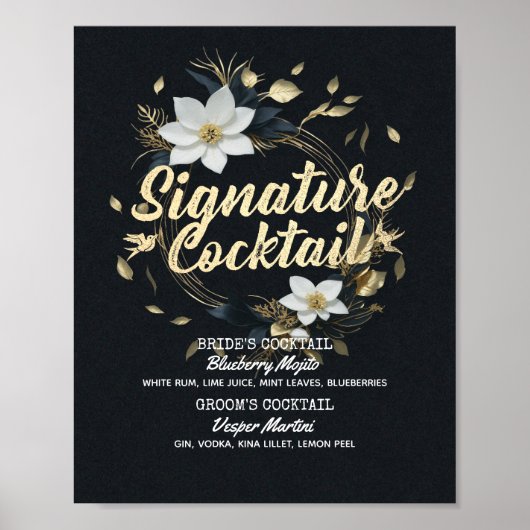 Gouden Bloemenkrans Trouwhandtekening Drink Menu Poster (Voorkant)