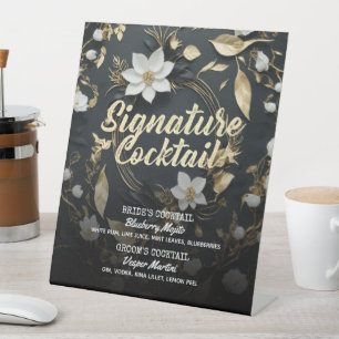 Gouden Bloemenkrans Trouwhandtekening Drink Menu Reclamebord Met Voetstuk