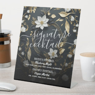 Gouden Bloemenkrans Trouwhandtekening Drink Menu Reclamebord Met Voetstuk