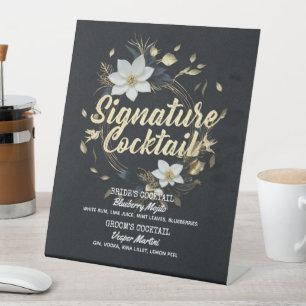 Gouden Bloemenkrans Trouwhandtekening Drink Menu Reclamebord Met Voetstuk