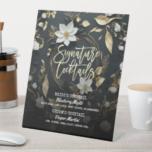 Gouden Bloemenkrans Trouwhandtekening Drink Menu Reclamebord Met Voetstuk