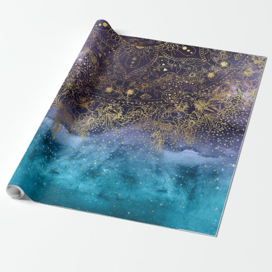 Gouden bloemenmandala en confettienafbeelding cadeaupapier (Uitgerold)