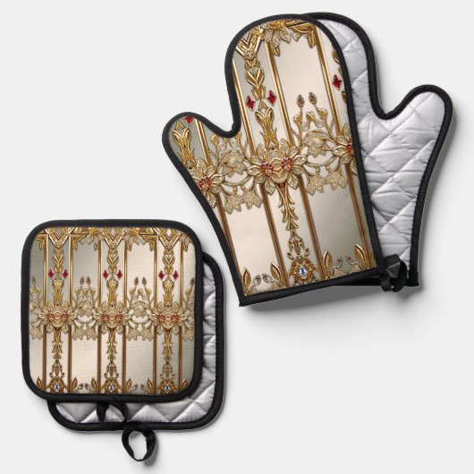 Gouden  Bloemenoven Mitt & Pot Holder Set (Voorkant / Achterkant)