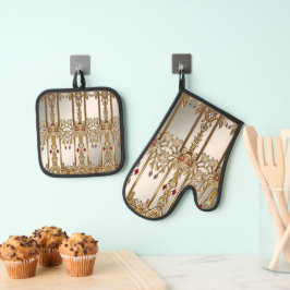 Gouden  Bloemenoven Mitt & Pot Holder Set
