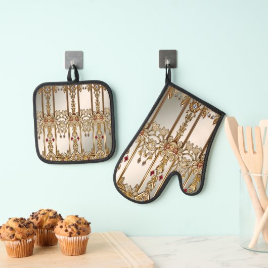 Gouden Bloemenoven Mitt & Pot Holder Set (Insitu(Ophanging))