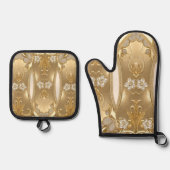 Gouden  Bloemenoven Mitt & Pot Holder Set (Voorkant)