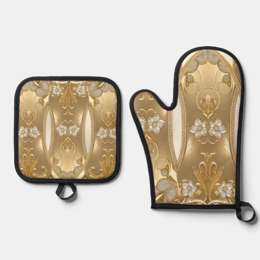 Gouden  Bloemenoven Mitt & Pot Holder Set (Voorkant)