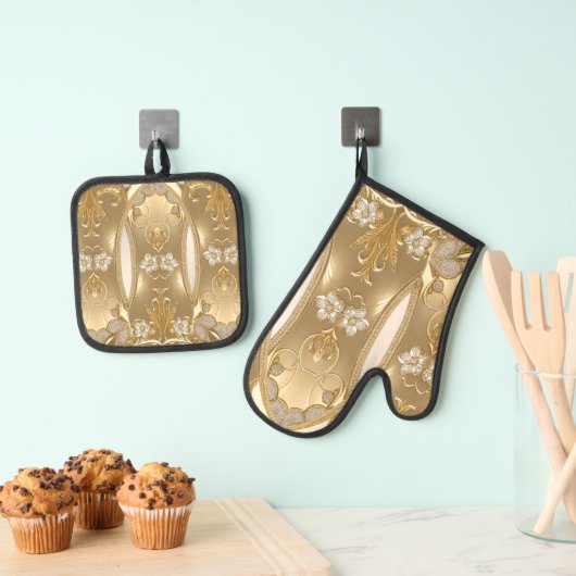 Gouden  Bloemenoven Mitt & Pot Holder Set (Insitu(Ophanging))