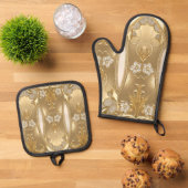 Gouden  Bloemenoven Mitt & Pot Holder Set (Top down)