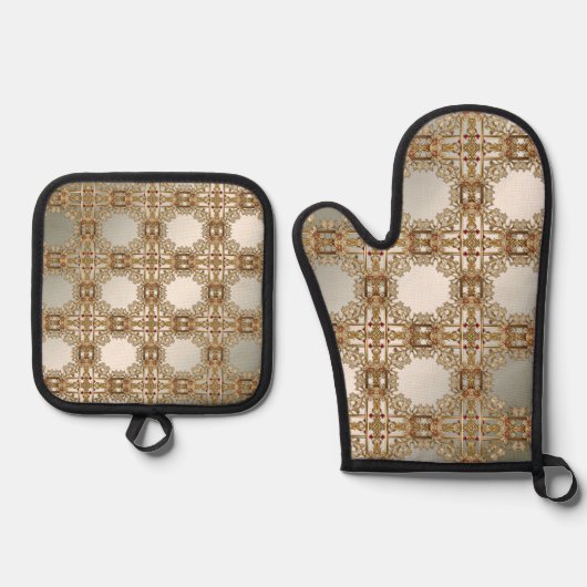 Gouden  Bloemenoven Mitt & Pot Holder Set (Voorkant)
