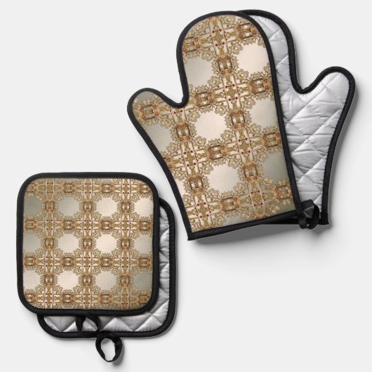 Gouden  Bloemenoven Mitt & Pot Holder Set (Voorkant / Achterkant)