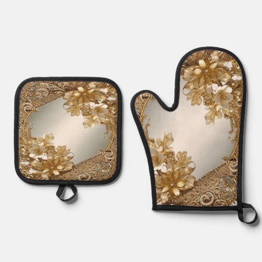 Gouden  Bloemenoven Mitt & Pot Holder Set (Voorkant)