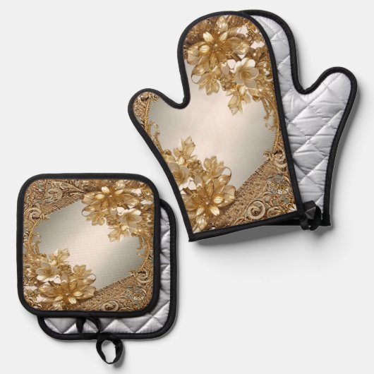 Gouden  Bloemenoven Mitt & Pot Holder Set (Voorkant / Achterkant)
