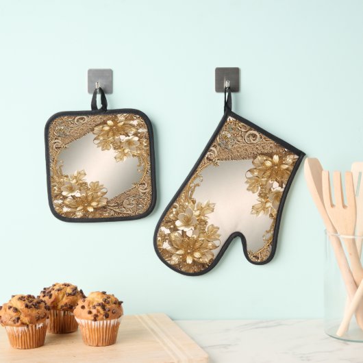 Gouden  Bloemenoven Mitt & Pot Holder Set (Insitu(Ophanging))