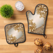 Gouden  Bloemenoven Mitt & Pot Holder Set (Top down)