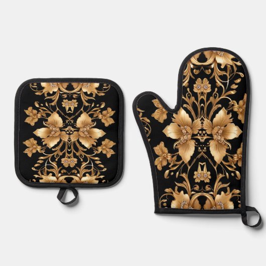 Gouden Bloemenoven Mitt & Pot Houder Set (Voorkant)