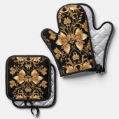Gouden Bloemenoven Mitt & Pot Houder Set (Voorkant / Achterkant)