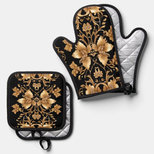 Gouden Bloemenoven Mitt & Pot Houder Set (Voorkant / Achterkant)