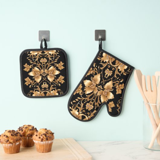 Gouden Bloemenoven Mitt & Pot Houder Set (Insitu(Ophanging))