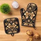 Gouden Bloemenoven Mitt & Pot Houder Set (Top down)