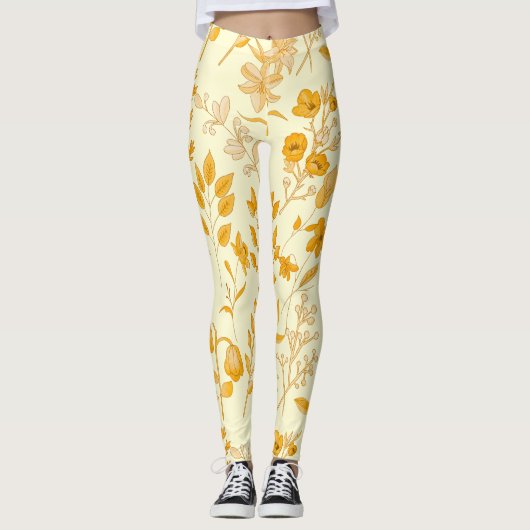 Gouden bloemenpatroon voor de herfst. L Geel BG Leggings (Voorkant)