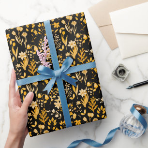 Gouden bloemenpatroon voor de herfst. Zwart BG Cadeaupapier