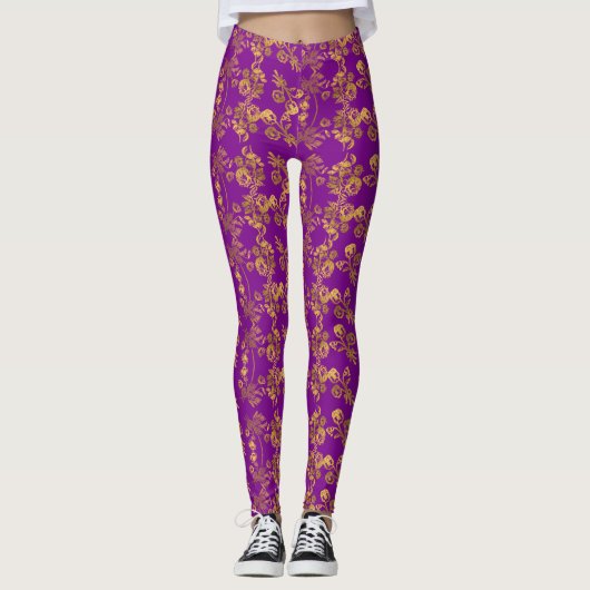  Gouden bloemenprint op paarse Leggings (Voorkant)