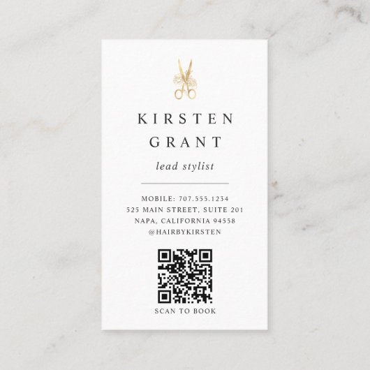 Gouden Bloemenschaar Logo QR Code Haarstylist Visitekaartje (Achterkant)