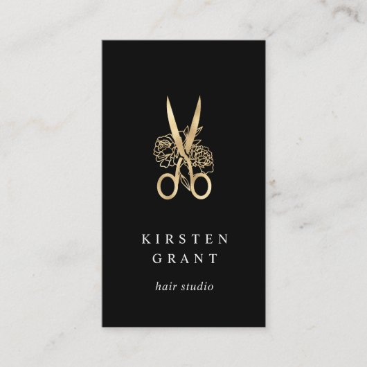 Gouden Bloemenschaar Logo QR Code Haarstylist Visitekaartje (Voorkant)