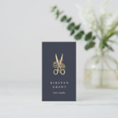 Gouden Bloemenschaar Logo QR Code Haarstylist Visitekaartje (Staand voorkant)