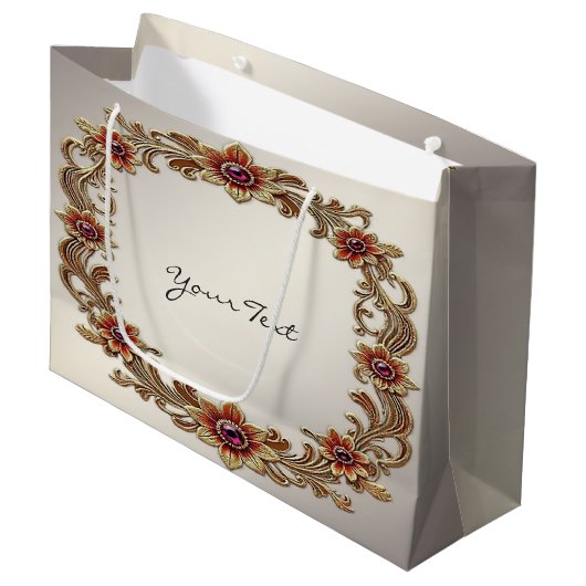 Gouden bloemensierlijst met rode stenen cadeautas (Voorkant Gekanteld)