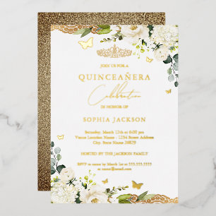 Gouden Bloemenslinger Quinceanera 15e Verjaardag Folie Uitnodiging