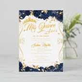 Gouden Bloementuin Marine Mis Quince Quinceanera Folie Uitnodiging (Staand Voorkant)
