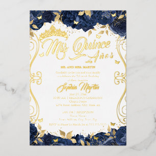 Gouden Bloementuin Navy Mis Quince Quinceanera Folie Uitnodiging