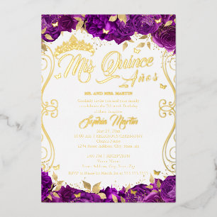 Gouden Bloementuin Paarse Mis Quince Quinceanera Folie Uitnodiging