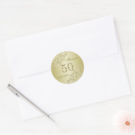 Gouden bloemenwervelingen 50e Verjaardag Sticker (Envelop)