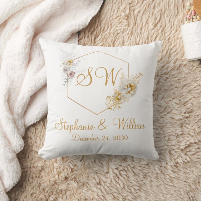 Gouden bloemig monogram logo trouwcadeau kussen (Deken)