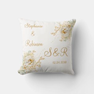 Gouden bloemig monogram logo trouwkussen kussen