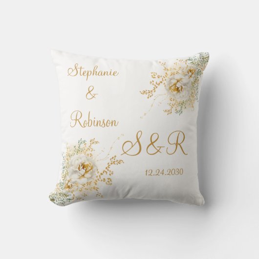 Gouden bloemig monogram logo trouwkussen kussen (Voorkant)
