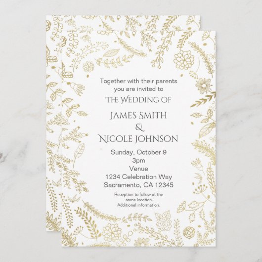 Gouden Bloemige Bladeren Rustieke Trouw Uitnodigin Kaart (Voorkant / Achterkant)