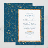 Gouden Bloemige Blauwe Moderne Trouw  Kaart (Voorkant / Achterkant)