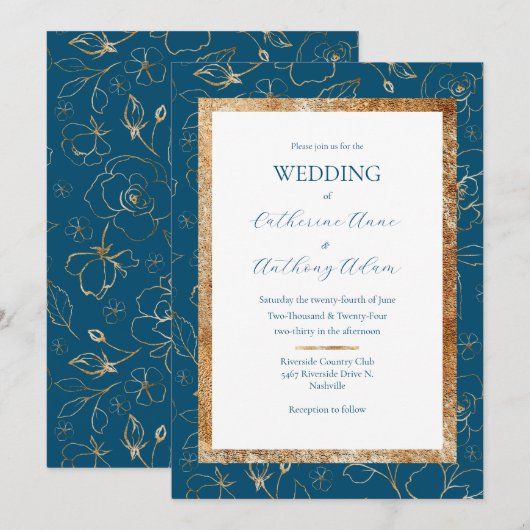 Gouden Bloemige Blauwe Moderne Trouw Kaart (Voorkant / Achterkant)
