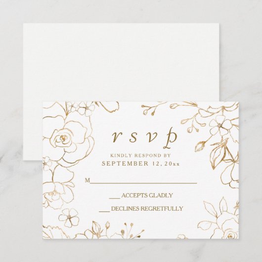 Gouden Bloemige Eenvoudige Elegante Trouw-RSVP RSVP Kaartje (Voorkant / Achterkant)