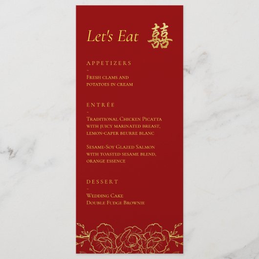 Gouden bloemige foto paar Chinese bruiloft recepti Menu (Voorkant)