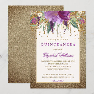 Gouden Bloemige Glanzende Amethyst Quinceanera Uit Kaart