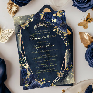 Gouden Bloemige Glitter Vlinder Navy Quinceanera Folie Uitnodiging