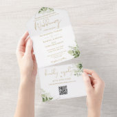 Gouden Bloemige Groene QR-code Formele Trouwdag All In One Uitnodiging (Afscheurbaar)